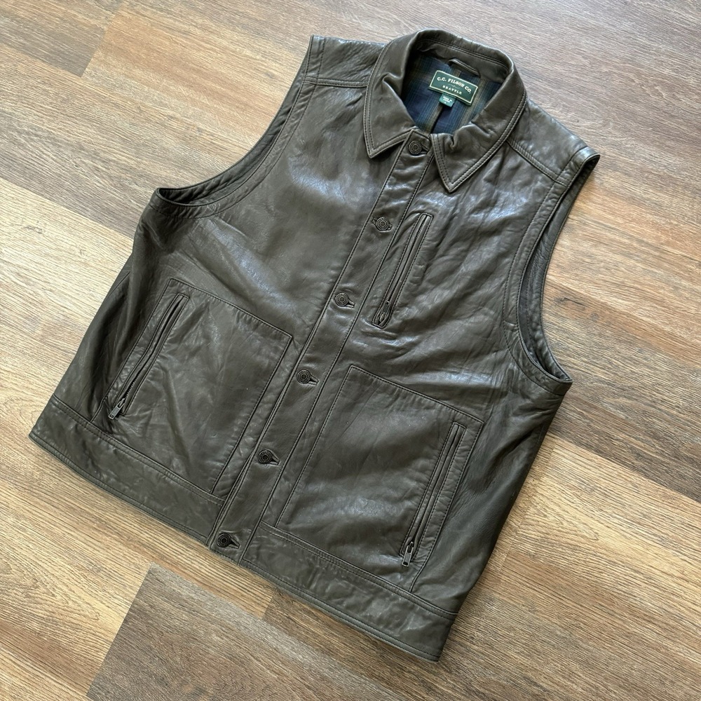 Filson Mens Brown‎ Leather Wool Lined Vest Size Large Outdoors Classy